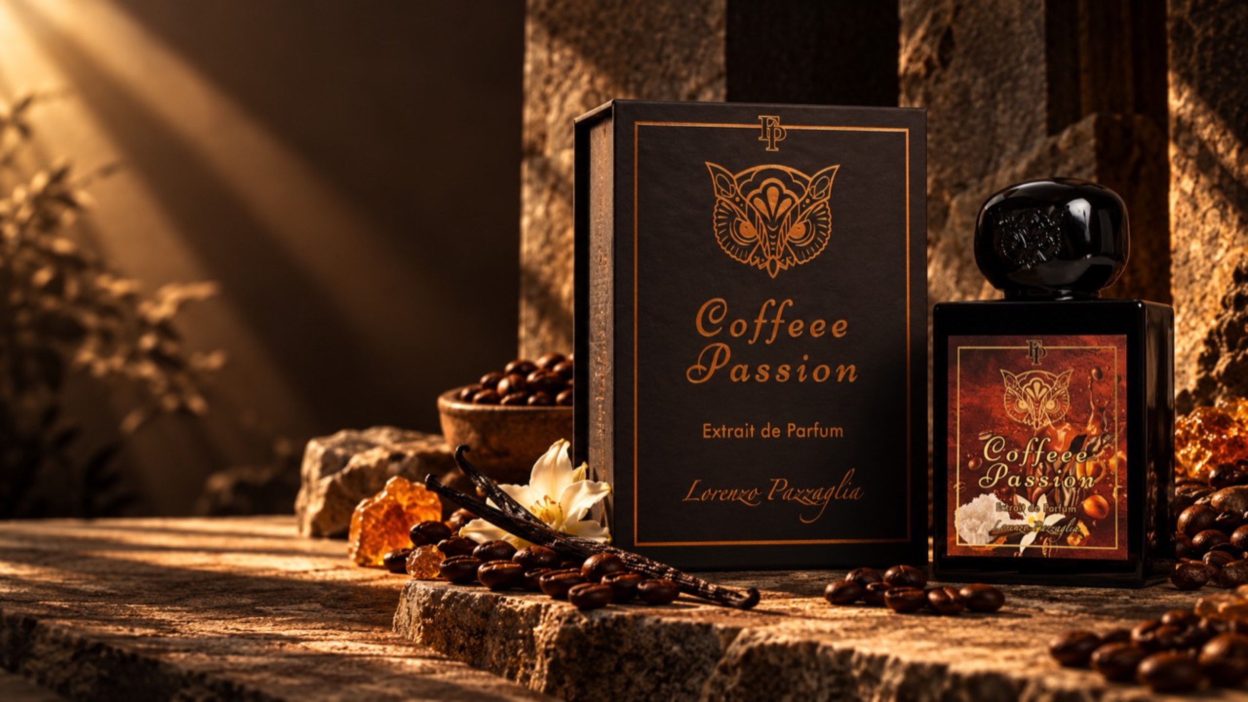 Coffeee Passion Extrait de Parfum de Lorenzo Pazzaglia en un ambiente cálido de café