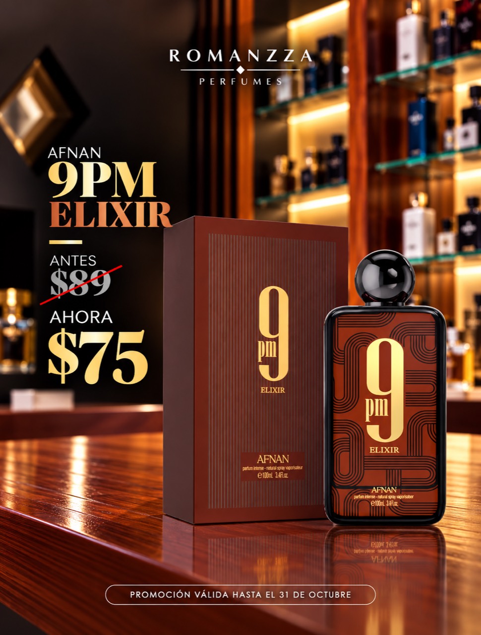 Promoción Afnan 9PM Elixir: antes $89, ahora $75